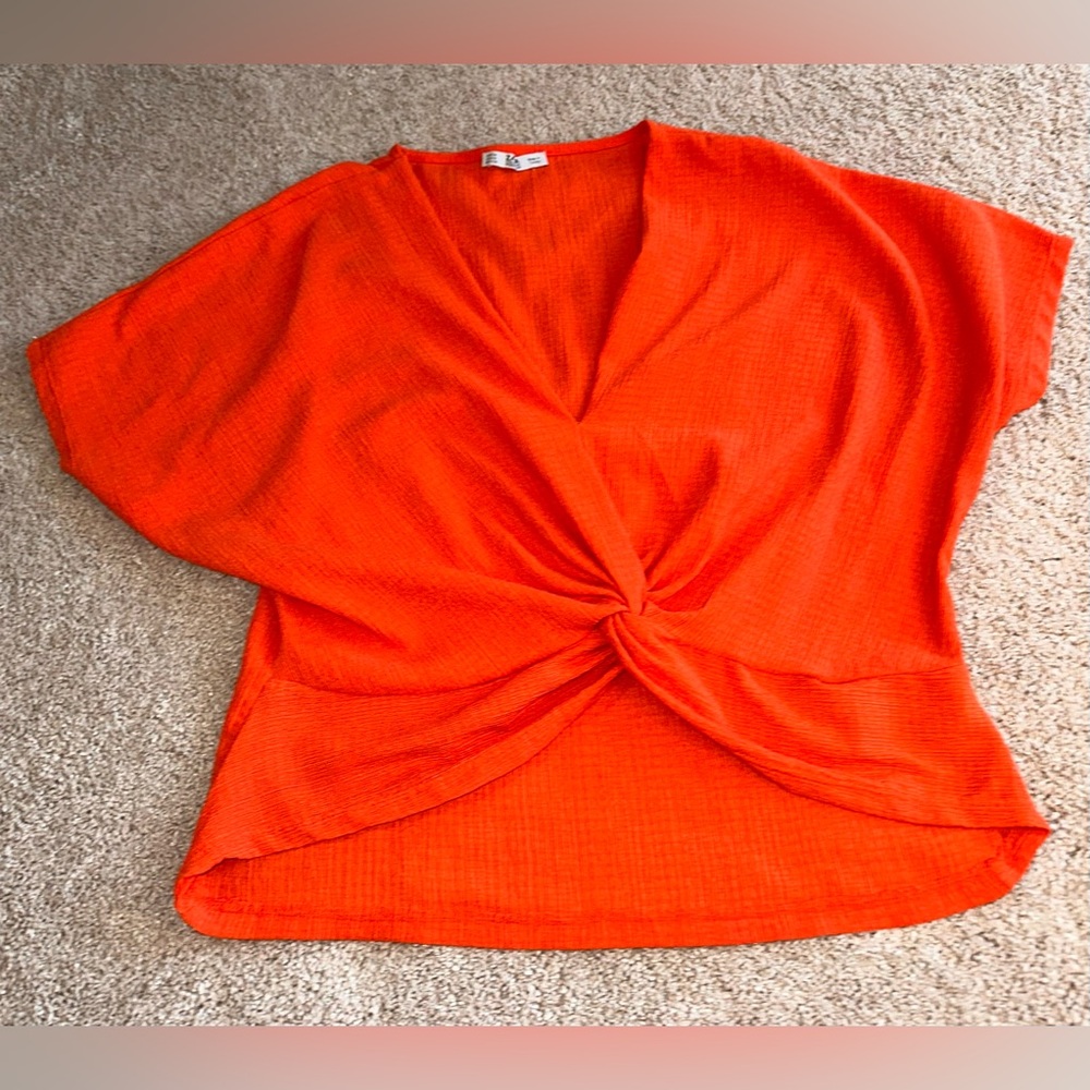 Zara Twist Knot Front Crop Top Dolman Sleeve Blouse